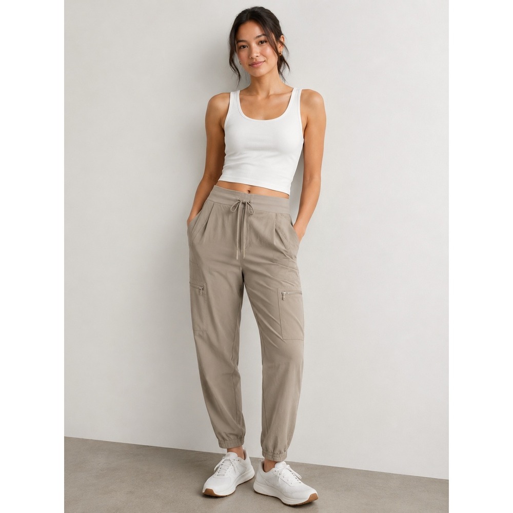 Athleta Go Far Travel Pant Tan Khaki Cargo Jogger Pockets Size 4 RN 54023